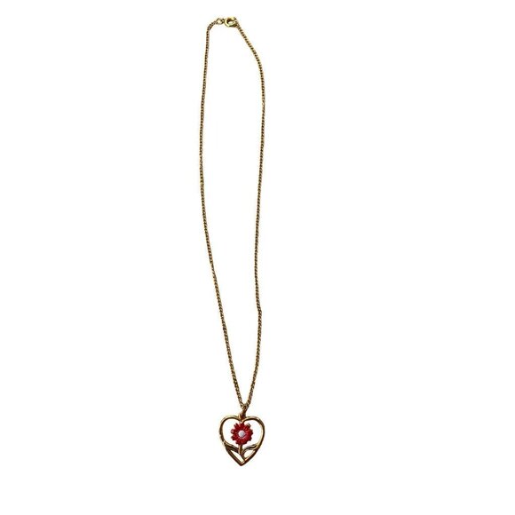 Goldtone Necklace Floral 1" Heart Pendant on 19" Chain Red White - Picture 3 of 13